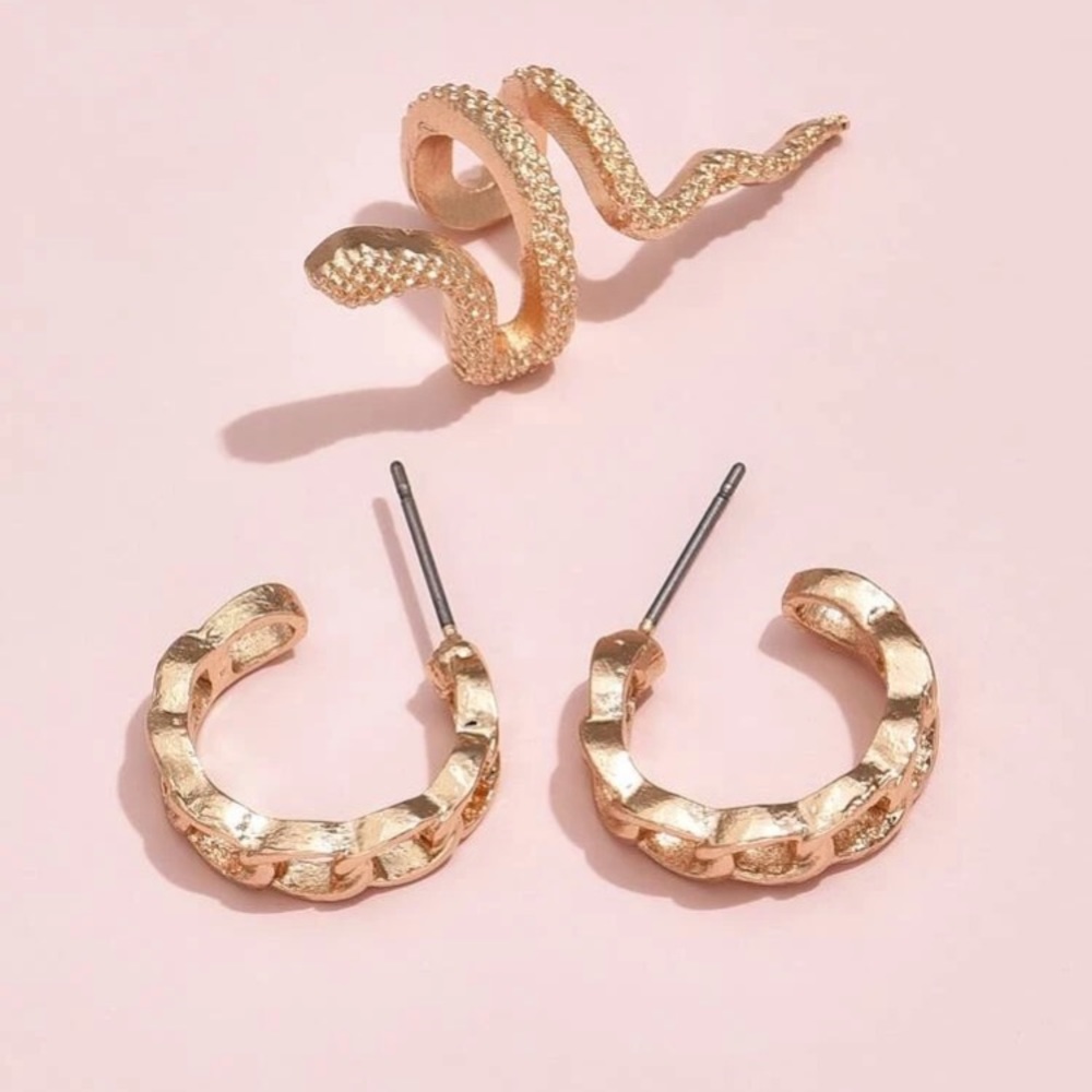 3 PIECE CHAIN LINK HOOP EARRINGS WITH SNAKE CUFF - Picture 2 of 5